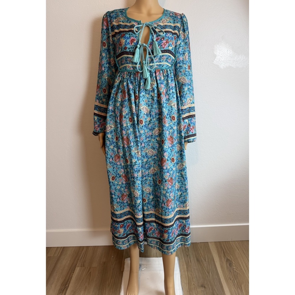 Y2K Blue Floral Tassel Tie Long Sleeve Cottage Bohemian Womens Midi Dress Sz M